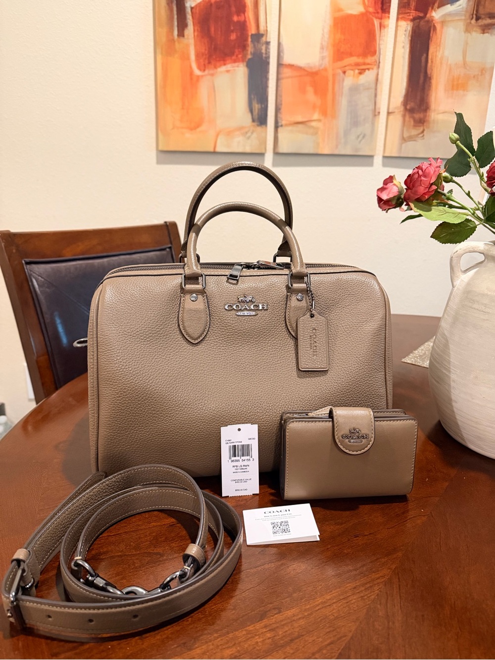 Coach Large Rowan Leather Satchel in Dark Stone with Matching Wallet